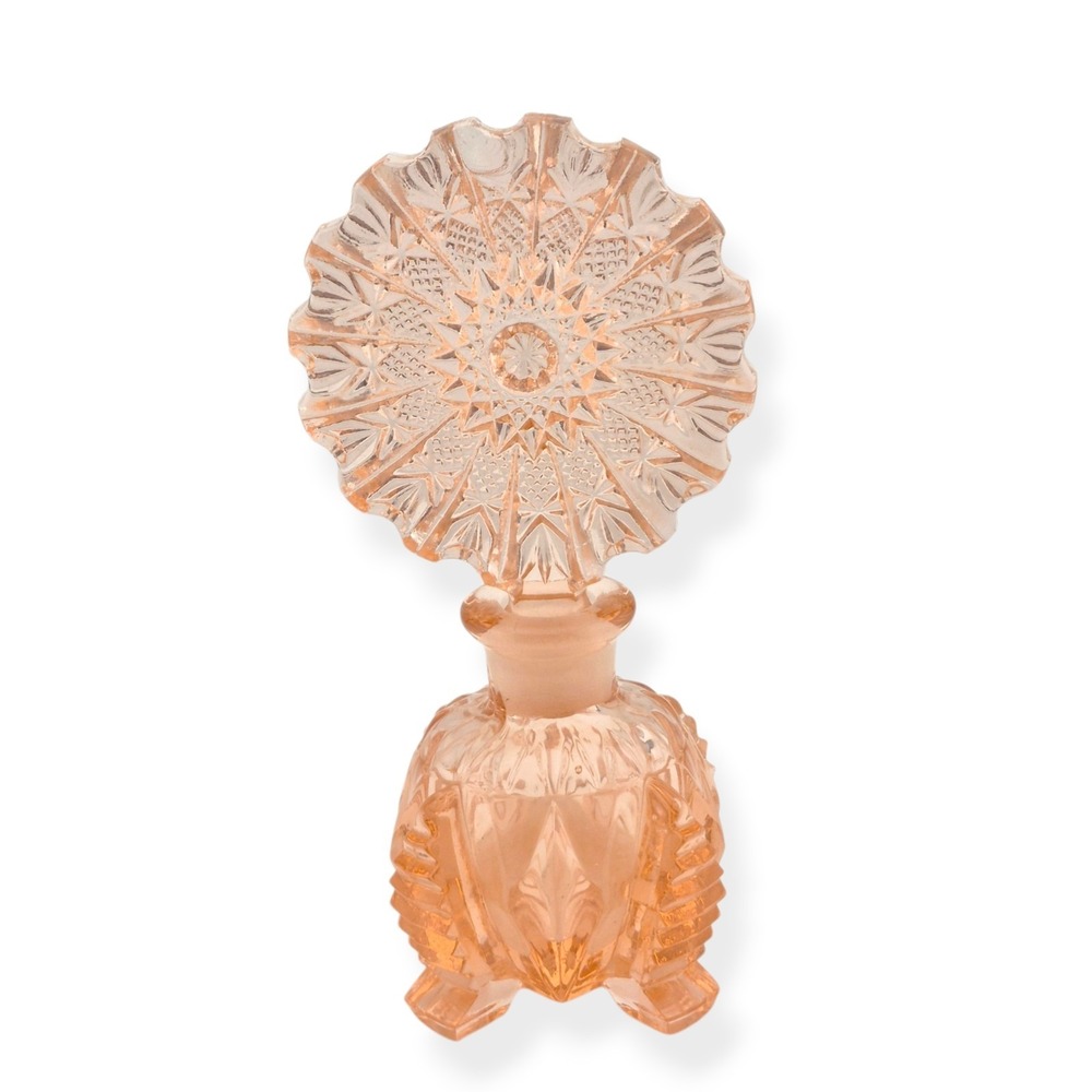Vintage Czech Pink Glass Perfume Bottle Art Deco Starburst Stopper 6.75" 1930s